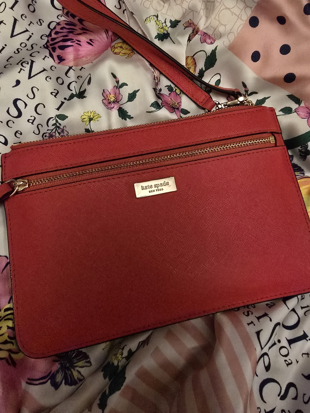 kate spade Red Saffiano Leather Crossbody Wristlet with Gold Hardware